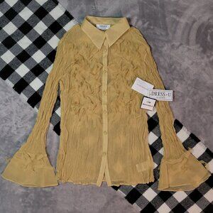 L | Dress-U | Crinkled Flare-Cuff Long Sleeved Button Down Blouse